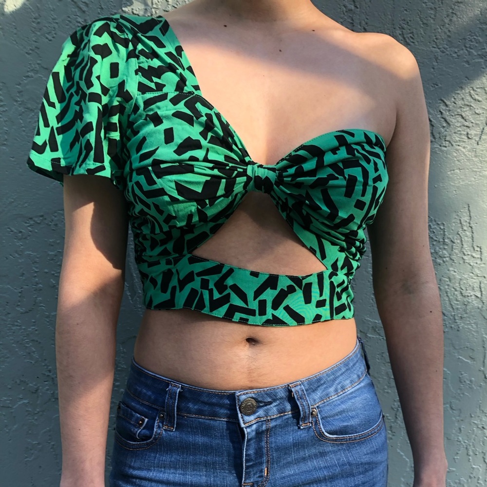One shoulder green and black Crop top